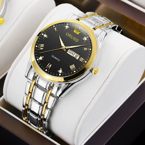 Men's Automatic Quartz Business Wrist Watch With Luminous Waterproof Calendar Round Dial Alloy Case Steel Strap Coated Glass Mirror
