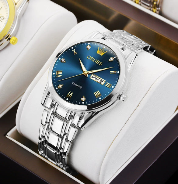 Men's Automatic Quartz Business Wrist Watch With Luminous Waterproof Calendar Round Dial Alloy Case Steel Strap Coated Glass Mirror