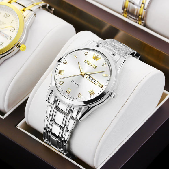 Men's Automatic Quartz Business Wrist Watch With Luminous Waterproof Calendar Round Dial Alloy Case Steel Strap Coated Glass Mirror