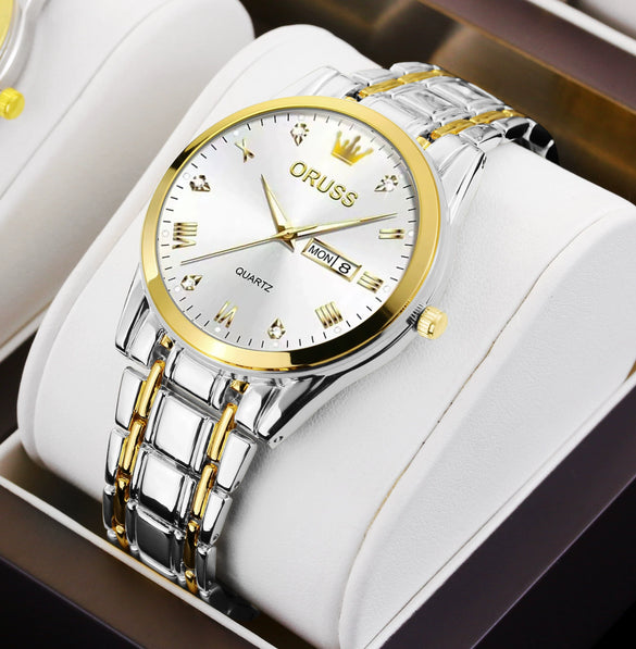 Men's Automatic Quartz Business Wrist Watch With Luminous Waterproof Calendar Round Dial Alloy Case Steel Strap Coated Glass Mirror