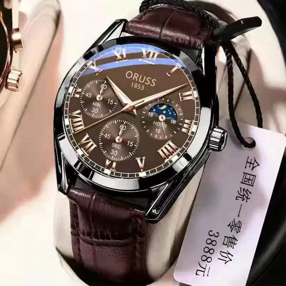 Men's Automatic Quartz Watch Steel Case Pu Strap Round Dial Luminous Waterproof Rose Gold Sun Moon Star Concept