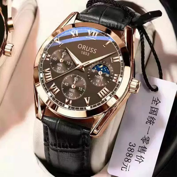 Men's Automatic Quartz Watch Steel Case Pu Strap Round Dial Luminous Waterproof Rose Gold Sun Moon Star Concept