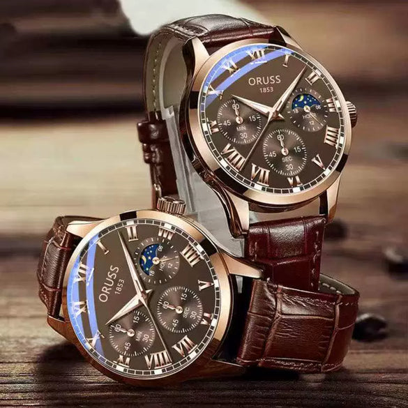 Men's Automatic Quartz Watch Steel Case Pu Strap Round Dial Luminous Waterproof Rose Gold Sun Moon Star Concept