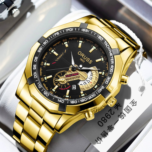 Men's Automatic Tungsten Steel And Steel Watch Luminous Waterproof Calendar Hollow Large Dial