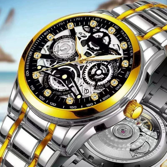 Men's Automatic Waterproof Luminous Hollow Fashion Fake Mechanical Watch With Alloy Case And Strap Stainless Steel Buckle Transparent Bottom And Mineral Reinforced Glass Mirror