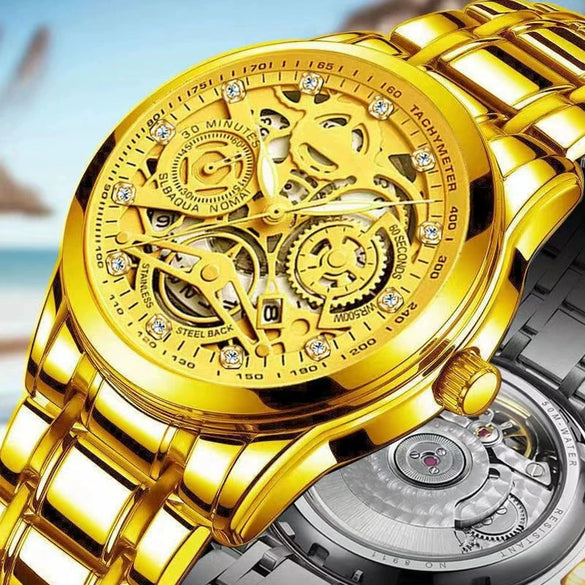 Men's Automatic Waterproof Luminous Hollow Fashion Fake Mechanical Watch With Alloy Case And Strap Stainless Steel Buckle Transparent Bottom And Mineral Reinforced Glass Mirror