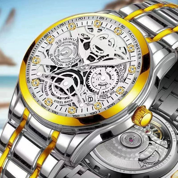 Men's Automatic Waterproof Luminous Hollow Fashion Fake Mechanical Watch With Alloy Case And Strap Stainless Steel Buckle Transparent Bottom And Mineral Reinforced Glass Mirror