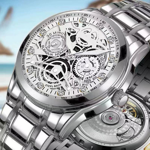 Men's Automatic Waterproof Luminous Hollow Fashion Fake Mechanical Watch With Alloy Case And Strap Stainless Steel Buckle Transparent Bottom And Mineral Reinforced Glass Mirror