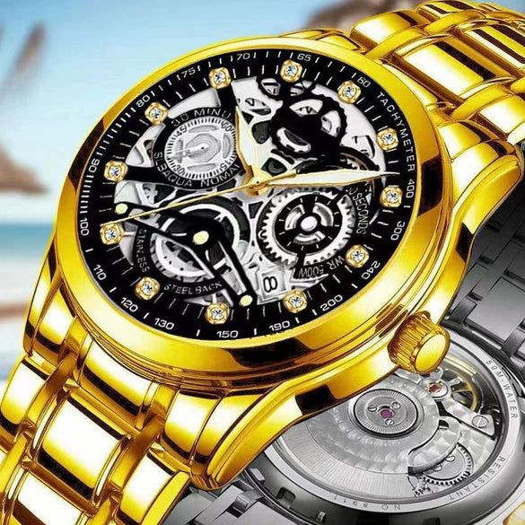 Men's Automatic Waterproof Luminous Hollow Fashion Fake Mechanical Watch With Alloy Case And Strap Stainless Steel Buckle Transparent Bottom And Mineral Reinforced Glass Mirror