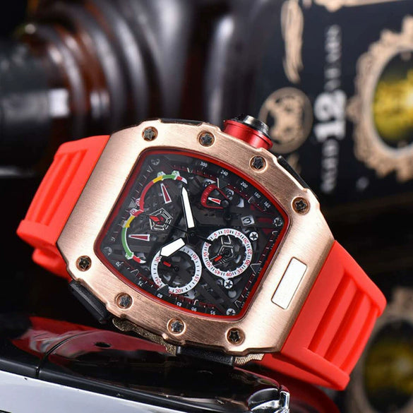 Men's Barrel Dial Quartz Watch With Carbon Fiber Pattern Pointer Display Rubber Strap Business Style Wholesale
