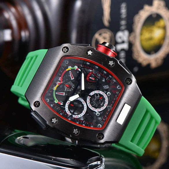 Men's Barrel Dial Quartz Watch With Carbon Fiber Pattern Pointer Display Rubber Strap Business Style Wholesale