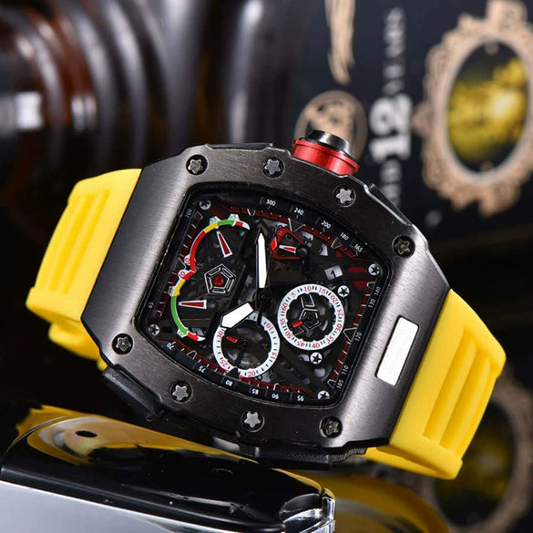Men's Barrel Dial Quartz Watch With Carbon Fiber Pattern Pointer Display Rubber Strap Business Style Wholesale