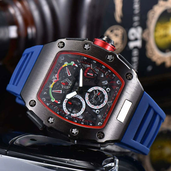Men's Barrel Dial Quartz Watch With Carbon Fiber Pattern Pointer Display Rubber Strap Business Style Wholesale