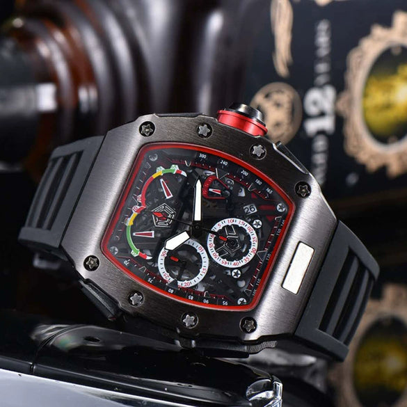 Men's Barrel Dial Quartz Watch With Carbon Fiber Pattern Pointer Display Rubber Strap Business Style Wholesale