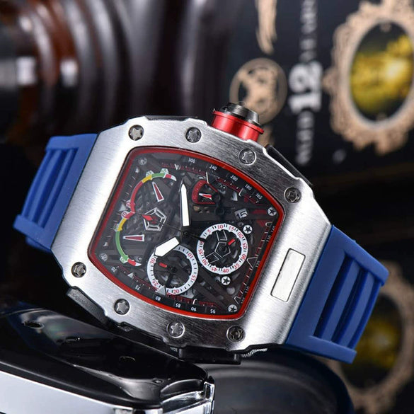 Men's Barrel Dial Quartz Watch With Carbon Fiber Pattern Pointer Display Rubber Strap Business Style Wholesale