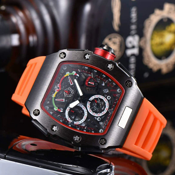 Men's Barrel Dial Quartz Watch With Carbon Fiber Pattern Pointer Display Rubber Strap Business Style Wholesale