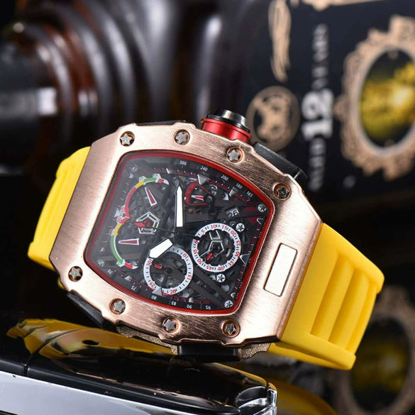 Men's Barrel Dial Quartz Watch With Carbon Fiber Pattern Pointer Display Rubber Strap Business Style Wholesale