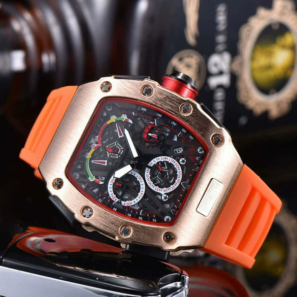 Men's Barrel Dial Quartz Watch With Carbon Fiber Pattern Pointer Display Rubber Strap Business Style Wholesale