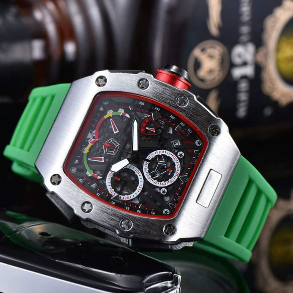 Men's Barrel Dial Quartz Watch With Carbon Fiber Pattern Pointer Display Rubber Strap Business Style Wholesale