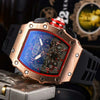 Men's Barrel Shaped Carbon Fiber Business Quartz Watch With Wood Grain Style Rubber Strap Stainless Steel Buckle