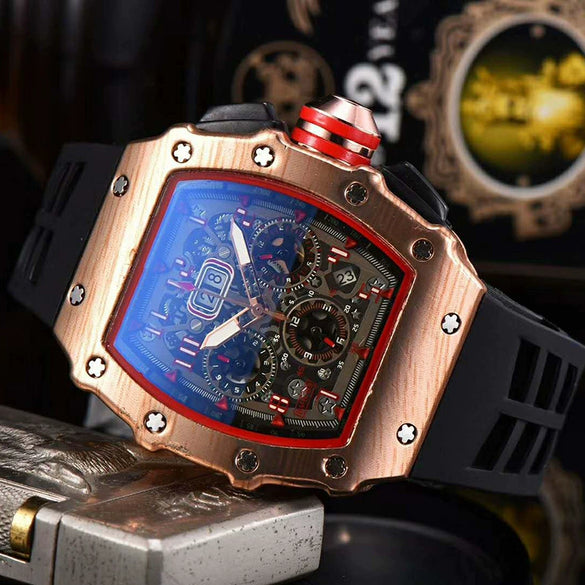 Men's Barrel Shaped Carbon Fiber Business Quartz Watch With Wood Grain Style Rubber Strap Stainless Steel Buckle