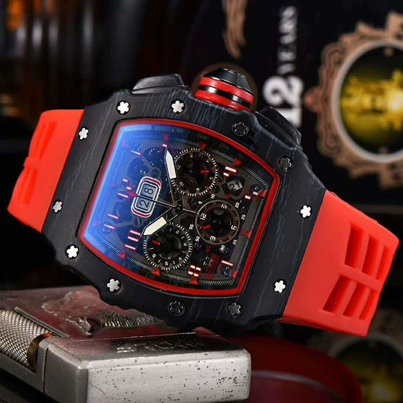 Men's Barrel Shaped Carbon Fiber Business Quartz Watch With Wood Grain Style Rubber Strap Stainless Steel Buckle
