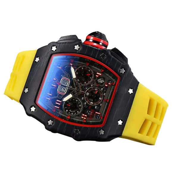 Men's Barrel Shaped Carbon Fiber Business Quartz Watch With Wood Grain Style Rubber Strap Stainless Steel Buckle