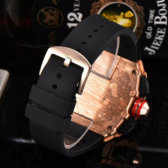 Men's Barrel Shaped Carbon Fiber Business Quartz Watch With Wood Grain Style Rubber Strap Stainless Steel Buckle