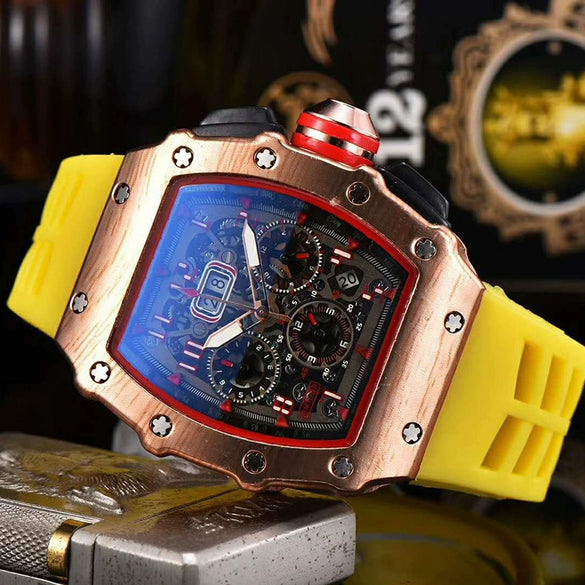 Men's Barrel Shaped Carbon Fiber Business Quartz Watch With Wood Grain Style Rubber Strap Stainless Steel Buckle