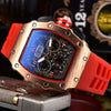 Men's Barrel Shaped Carbon Fiber Business Quartz Watch With Wood Grain Style Rubber Strap Stainless Steel Buckle