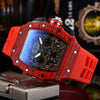 Men's Barrel Shaped Carbon Fiber Business Quartz Watch With Wood Grain Style Rubber Strap Stainless Steel Buckle