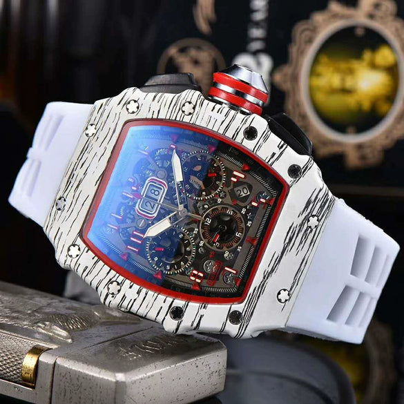 Men's Barrel Shaped Carbon Fiber Business Quartz Watch With Wood Grain Style Rubber Strap Stainless Steel Buckle