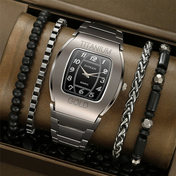 Men's Barrelshaped Alloy Band Quartz Watch Business Style