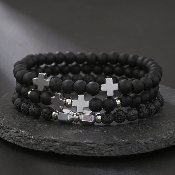 Men's Beaded Bracelet Set Stone Geometric Handmade