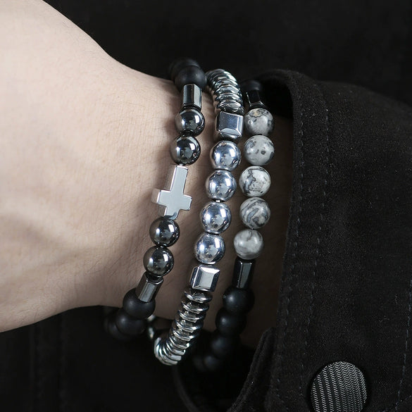 Men's Beaded Bracelet Set Stone Geometric Handmade