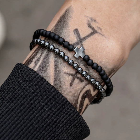 Men's Beaded Bracelet Set Stone Geometric Handmade