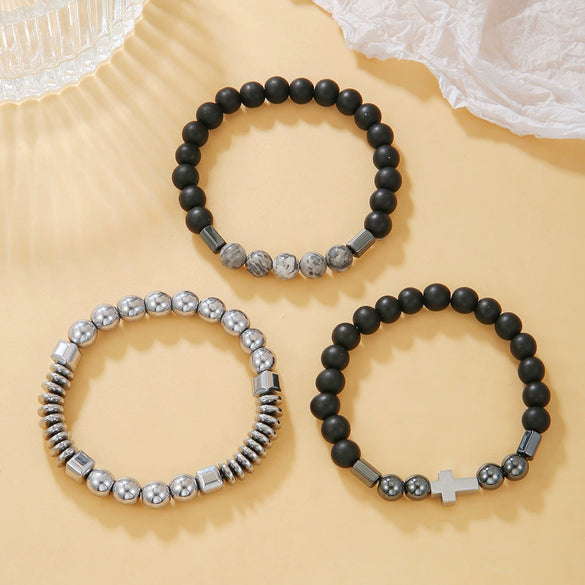 Men's Beaded Bracelet Set Stone Geometric Handmade