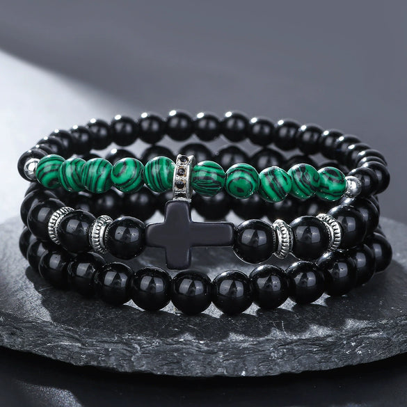 Men's Beaded Bracelet Set Stone Geometric Handmade