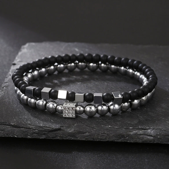 Men's Beaded Bracelet Set Stone Geometric Handmade