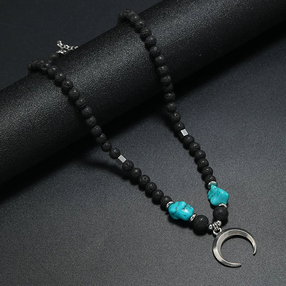 Men's Beaded Coconut Shell Alloy Retro Necklace With Geometric Crescent Moon Handwoven Design