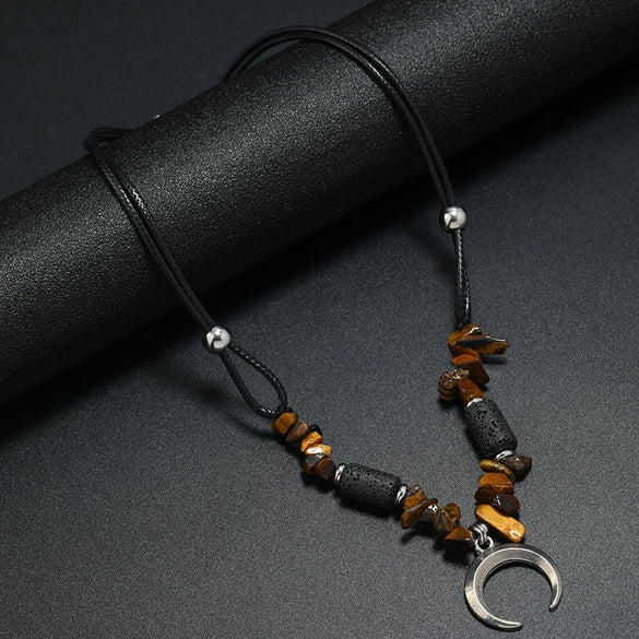 Men's Beaded Coconut Shell Alloy Retro Necklace With Geometric Crescent Moon Handwoven Design