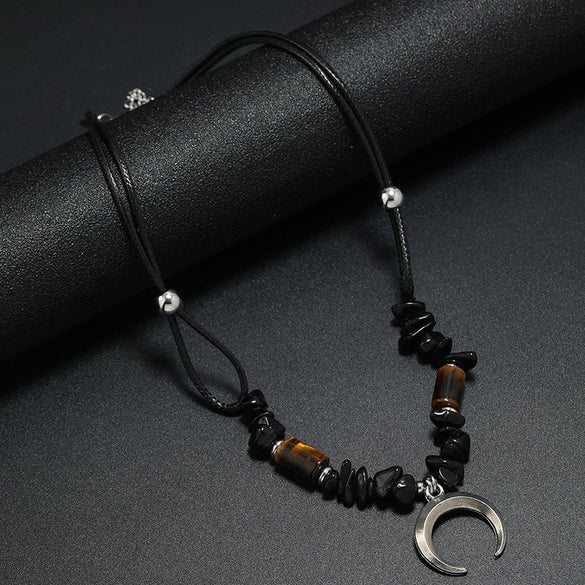 Men's Beaded Coconut Shell Alloy Retro Necklace With Geometric Crescent Moon Handwoven Design