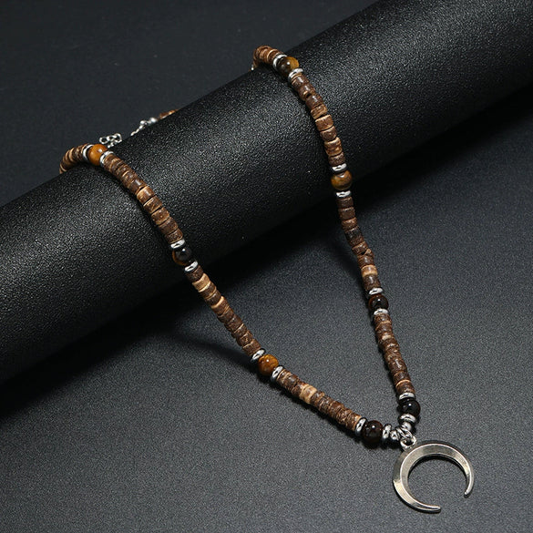 Men's Beaded Coconut Shell Alloy Retro Necklace With Geometric Crescent Moon Handwoven Design
