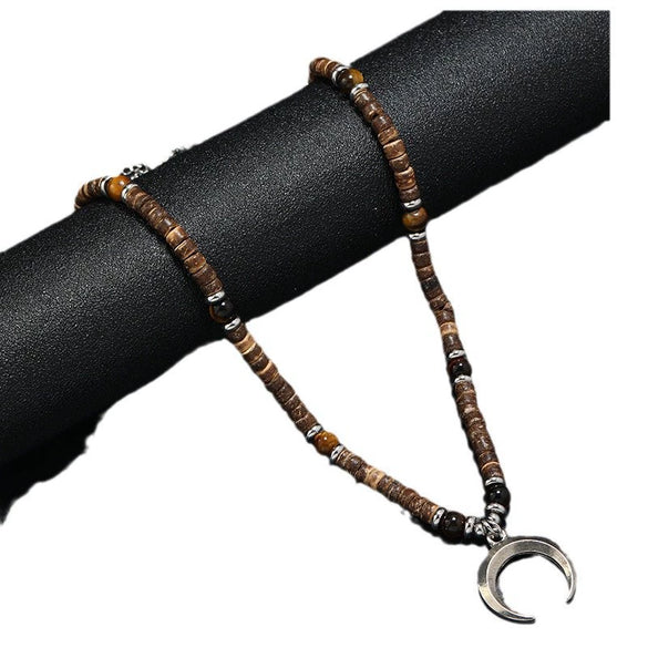 Men's Beaded Coconut Shell Alloy Retro Necklace With Geometric Crescent Moon Handwoven Design