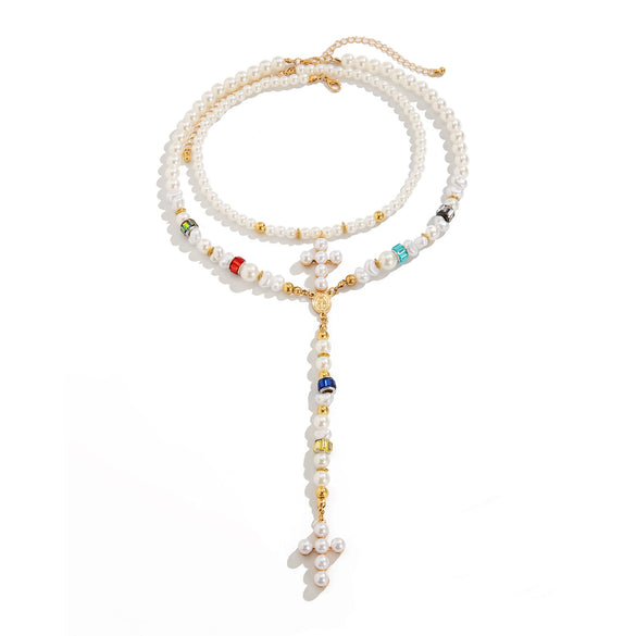 Men's Beaded Necklace With Alloy Cross Pendant And Imitation Pearls Handmade Geometric Style