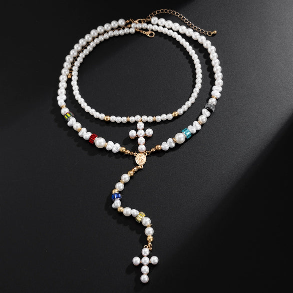 Men's Beaded Necklace With Alloy Cross Pendant And Imitation Pearls Handmade Geometric Style