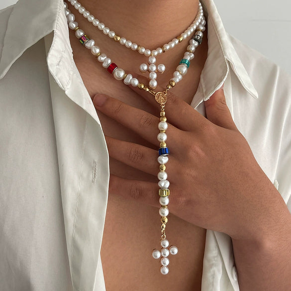 Men's Beaded Necklace With Alloy Cross Pendant And Imitation Pearls Handmade Geometric Style