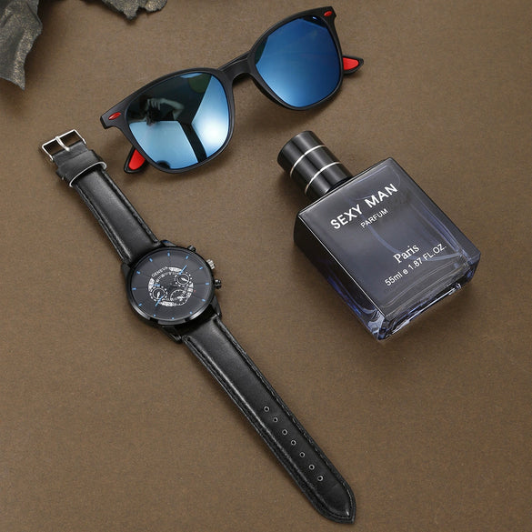 Men's Belt Watch Sunglasses Perfume Gift Box Suit With Ghost Face Design Alloy Case Imitation Leather Strap Stainless Steel Buckle