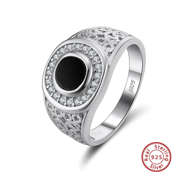 Men's Black Agate Ring S925 Sterling Silver Electroplated