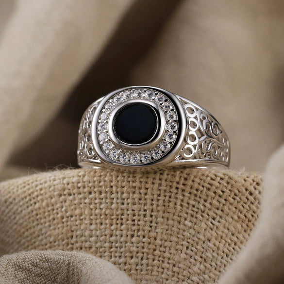 Men's Black Agate Ring S925 Sterling Silver Electroplated
